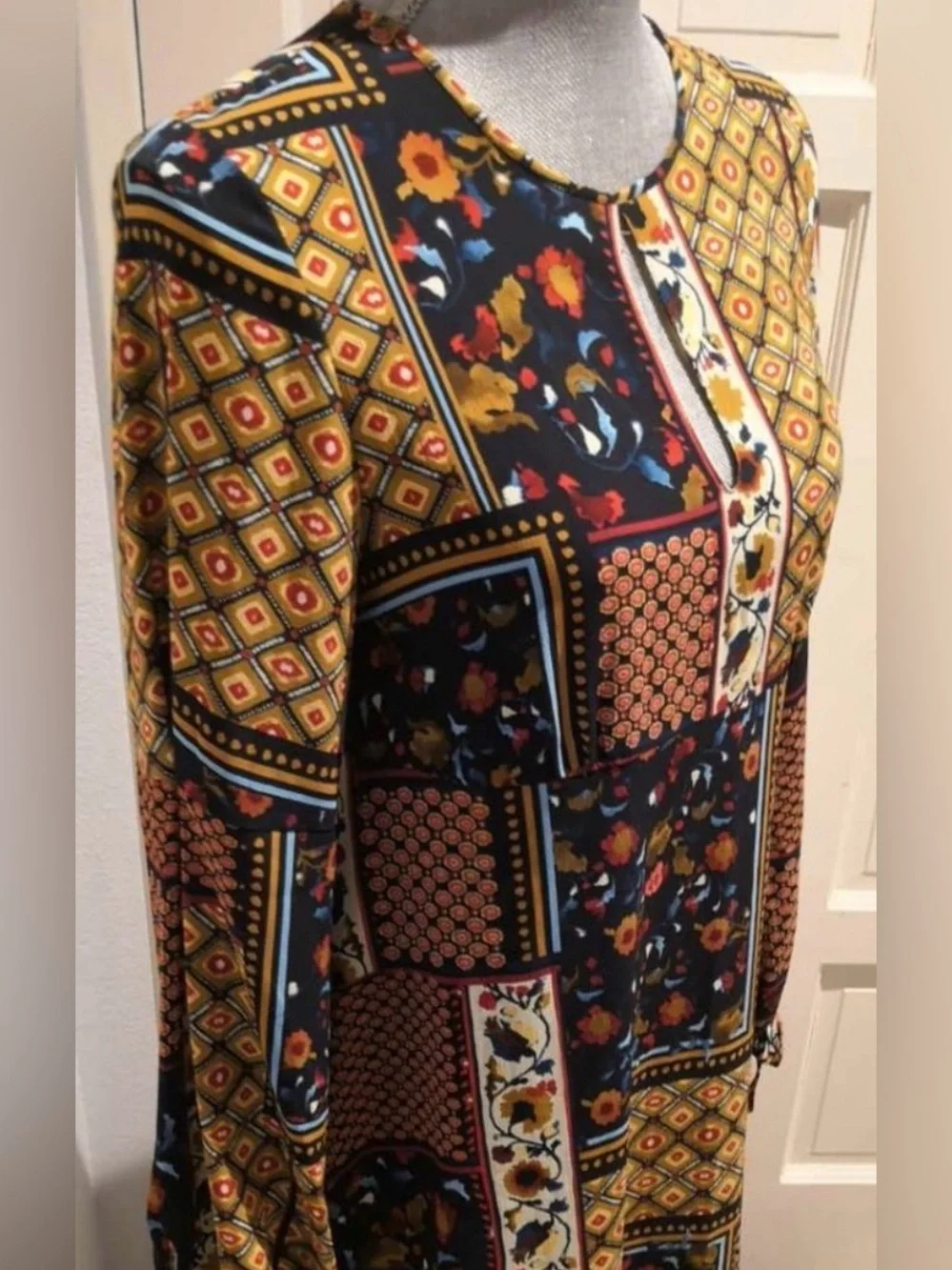 Zara Patchwork Floral Midi Dress in Mustard and Navy